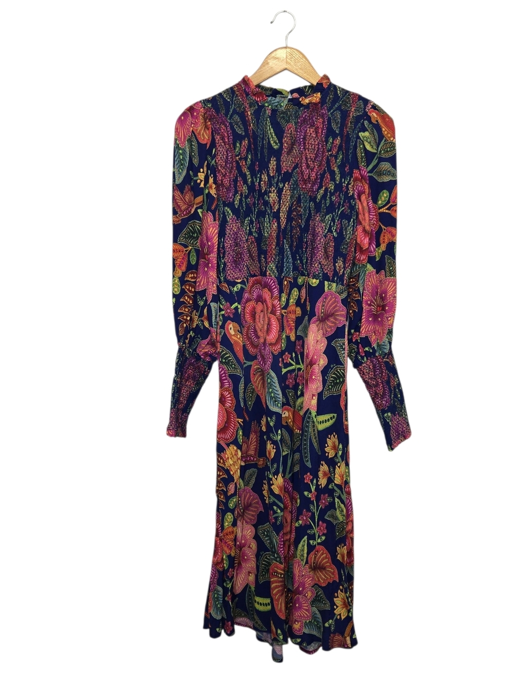 Fram Rio Macaw Bloom Floral Smocked Mock Neck Juliet Sleeve Dress